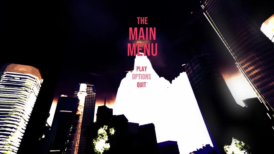 A red main menu suspended above a city at night