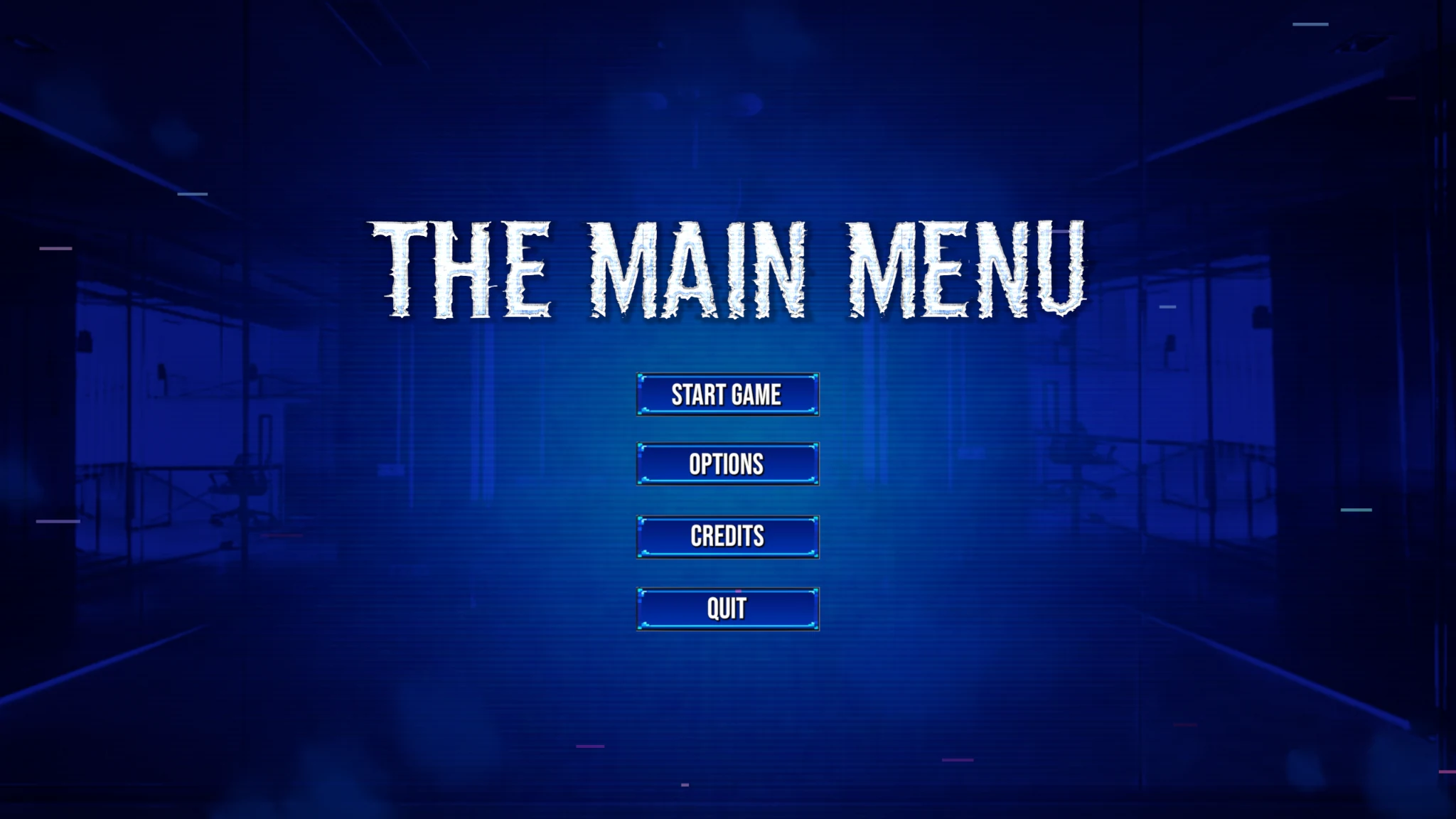 The blue-lit main menu at the beginning of the game