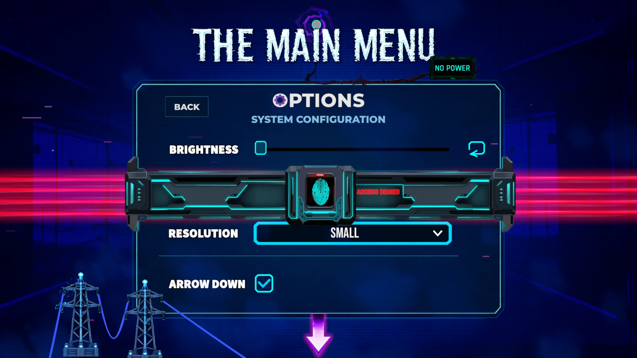 The options menu contains a power indicator and strange mechanical controls